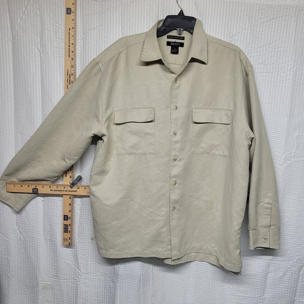 Bruno Mens XL Sueded Microfiber Button Down Shirt‎ Tan Long Sleeve Flap Pockets